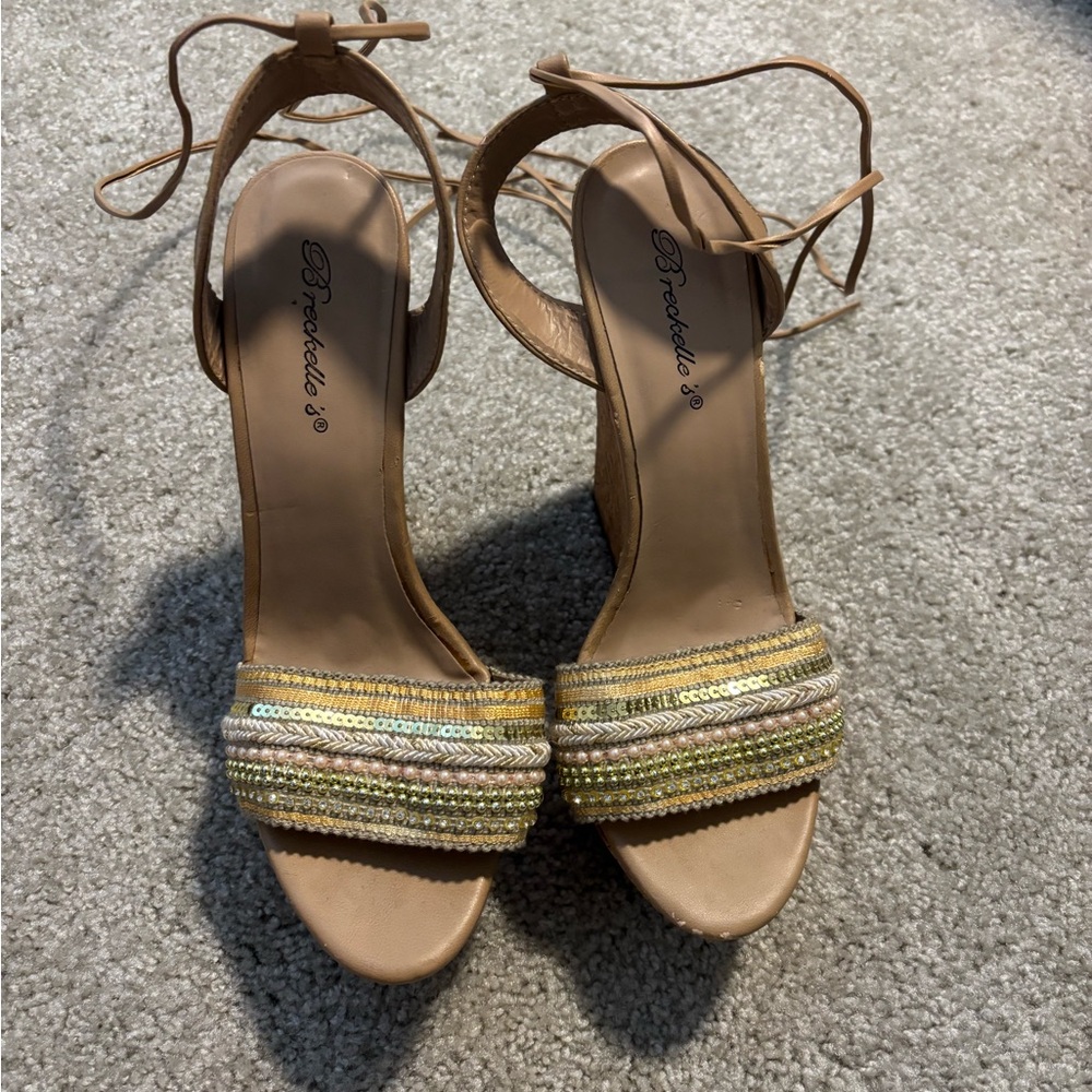 Breckelles Tan and Gold Wedge Sandals
